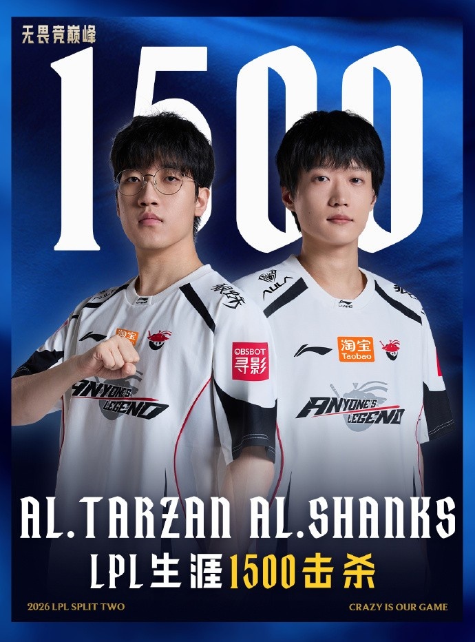 里程碑：Tarzan和Shanks组合达成1500击杀成就 LPL双人组合第62
